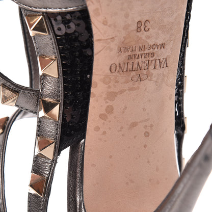 Valentino Garavani Sequin Metallic Nappa Rockstud Ankle Strap 100mm Pumps 38 Black Rutenio 12 of 14