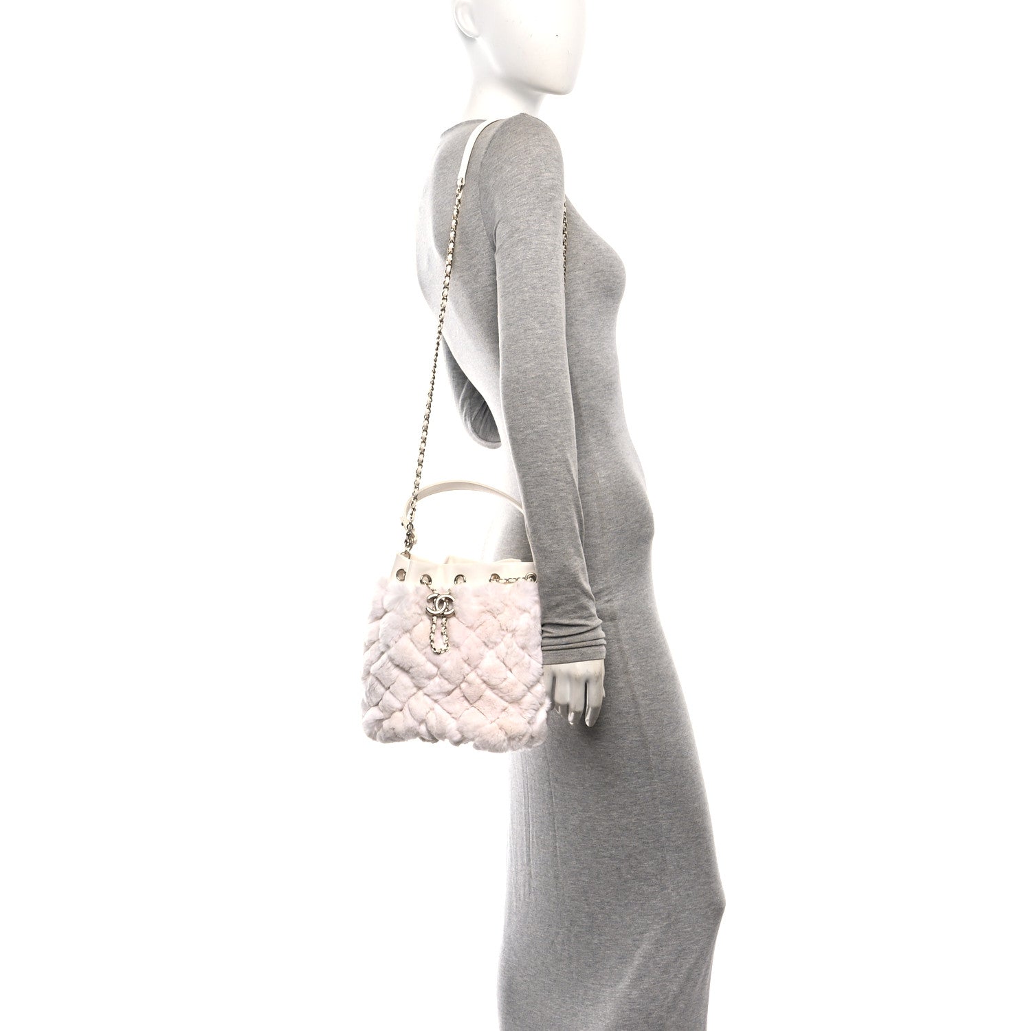 Chanel Calfskin Fur Quilted Chain Drawstring Bucket Bag White 2 of 10