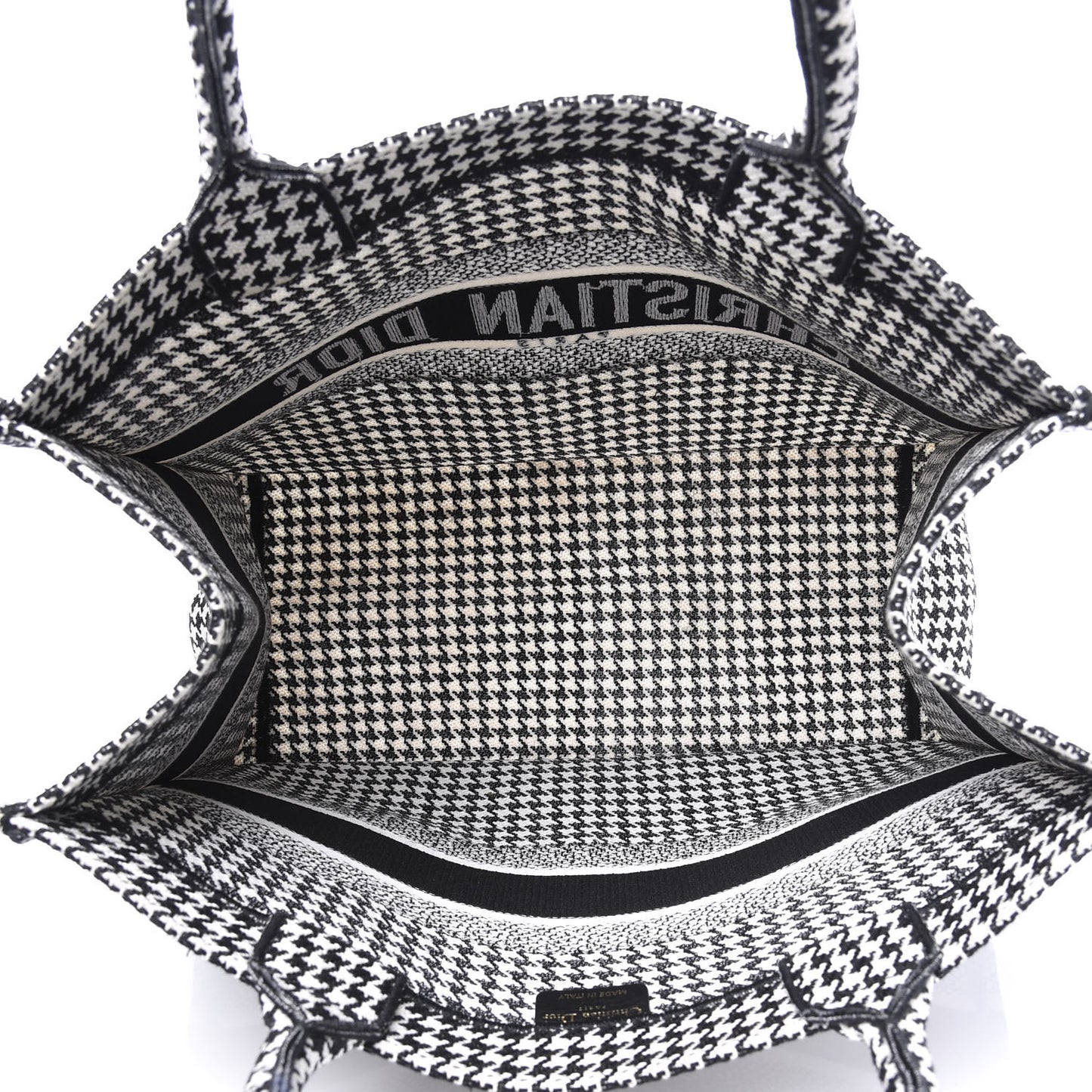 Canvas Houndstooth Embroidered Medium Book Tote Black White