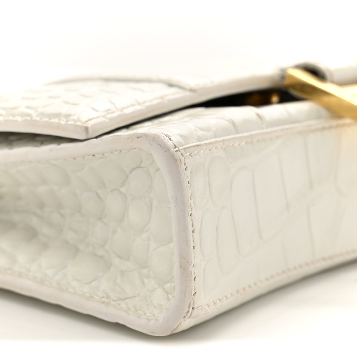 Shiny Calfskin Crocodile Embossed Hourglass Chain Bag White
