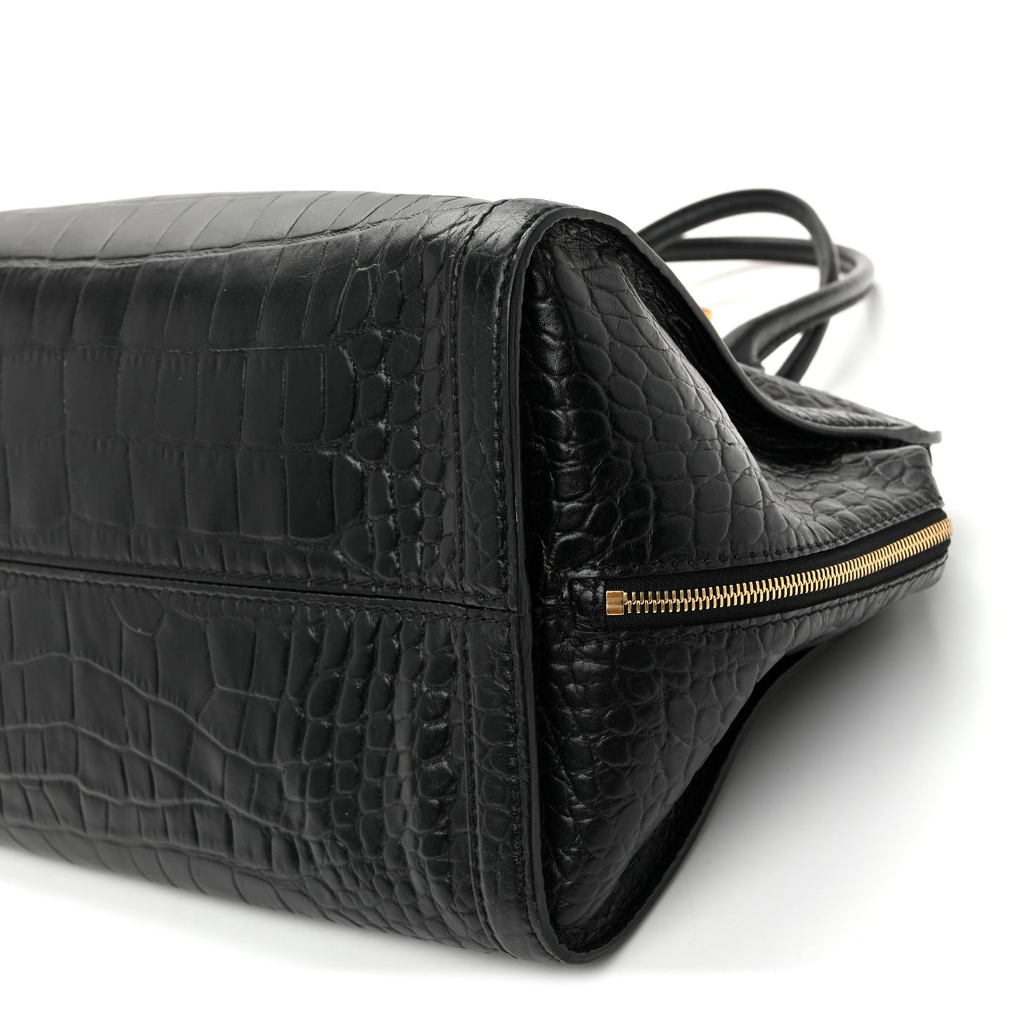 Calfskin Crocodile Embossed Large Skull Padlock Zip Around Tote Black