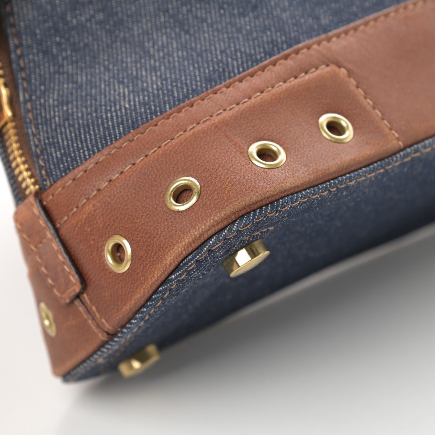 Denim Calfskin Street Chic Top Handle Bag Blue Brown