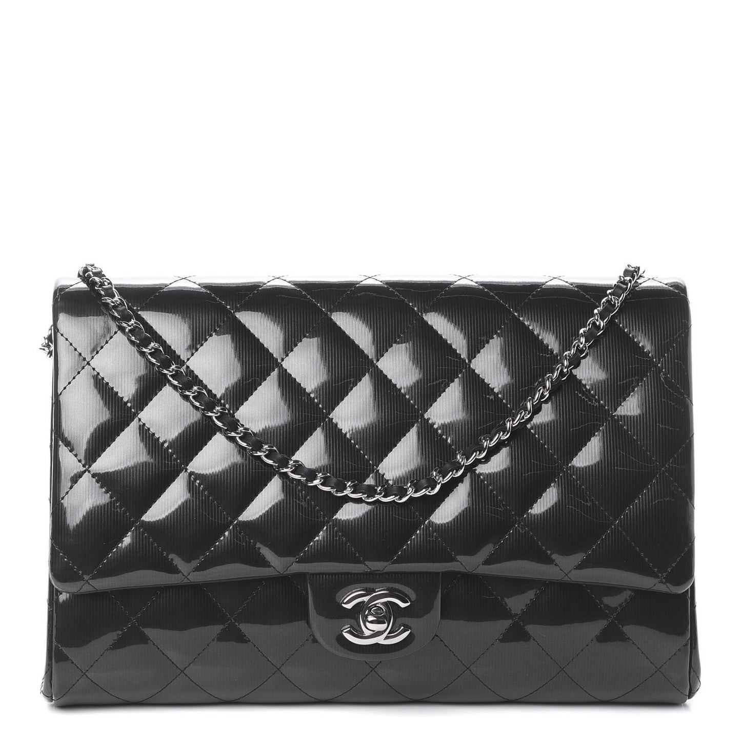 Striated Patent Quilted Clutch With Chain Flap Black