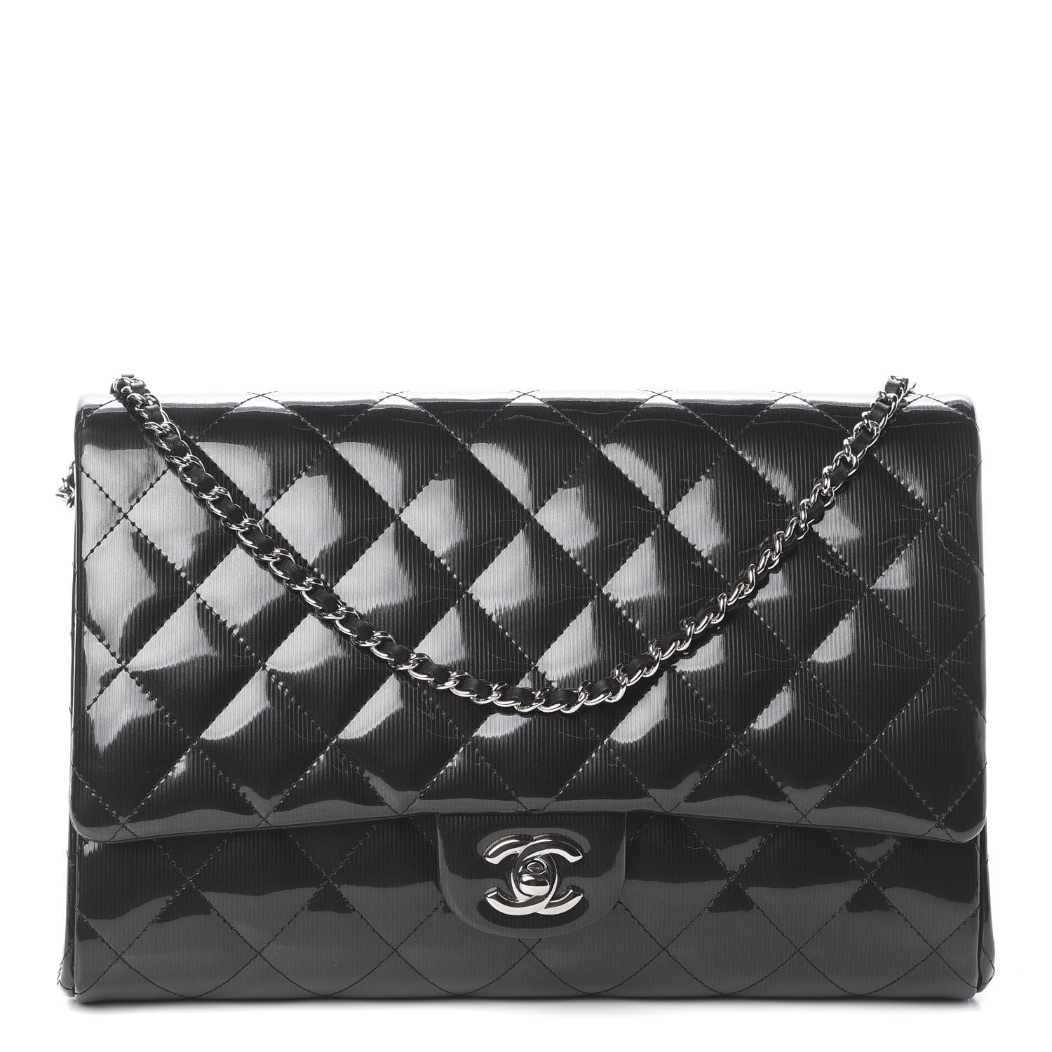 Chanel Striated Patent Quilted Clutch With Chain Flap Black 1 of 8