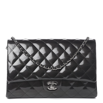 Chanel Striated Patent Quilted Clutch With Chain Flap Black 1 of 8