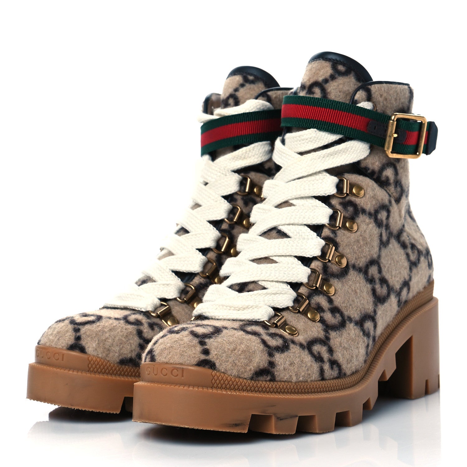 Gucci Covered Wool Big GG Monogram Womens Lace Up Combat Ankle Boots 38 Beige Ebony Cocoa 3 of 9