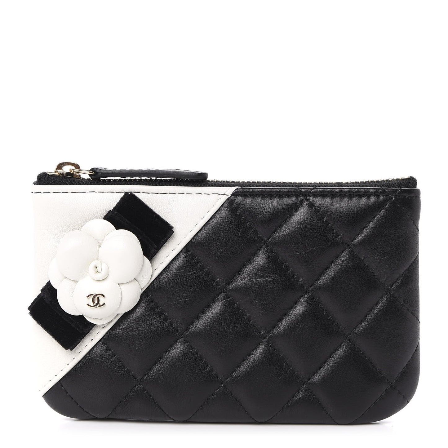 Lambskin Quilted Small Camellia Cosmetic Pouch Black White