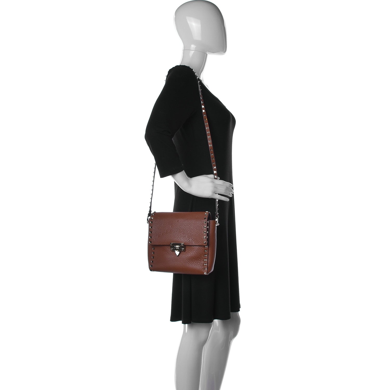 Valentino Garavani Pebbled Calfskin Rockstud Flip Lock Flap Messenger Saddle Brown 2 of 8