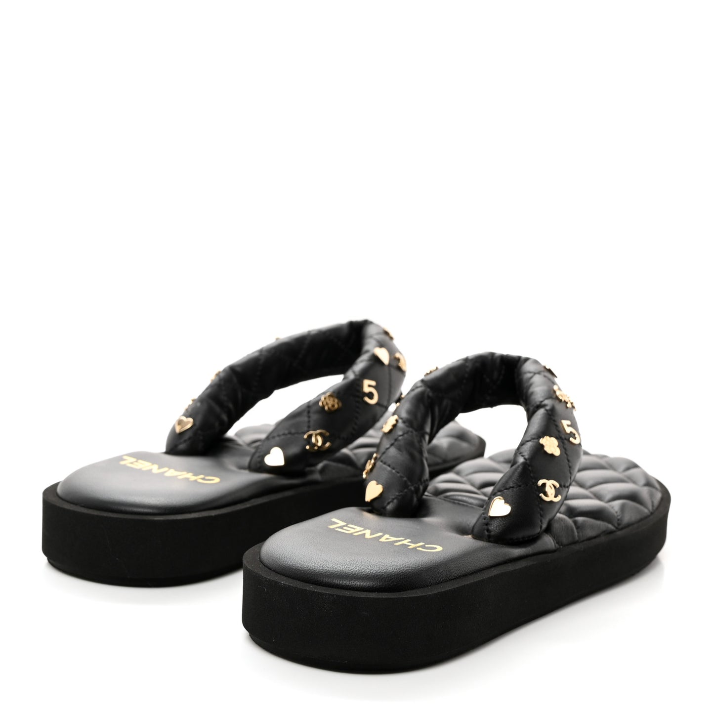 Lambskin Quilted Padded Charms Thong Sandals 37.5 Black