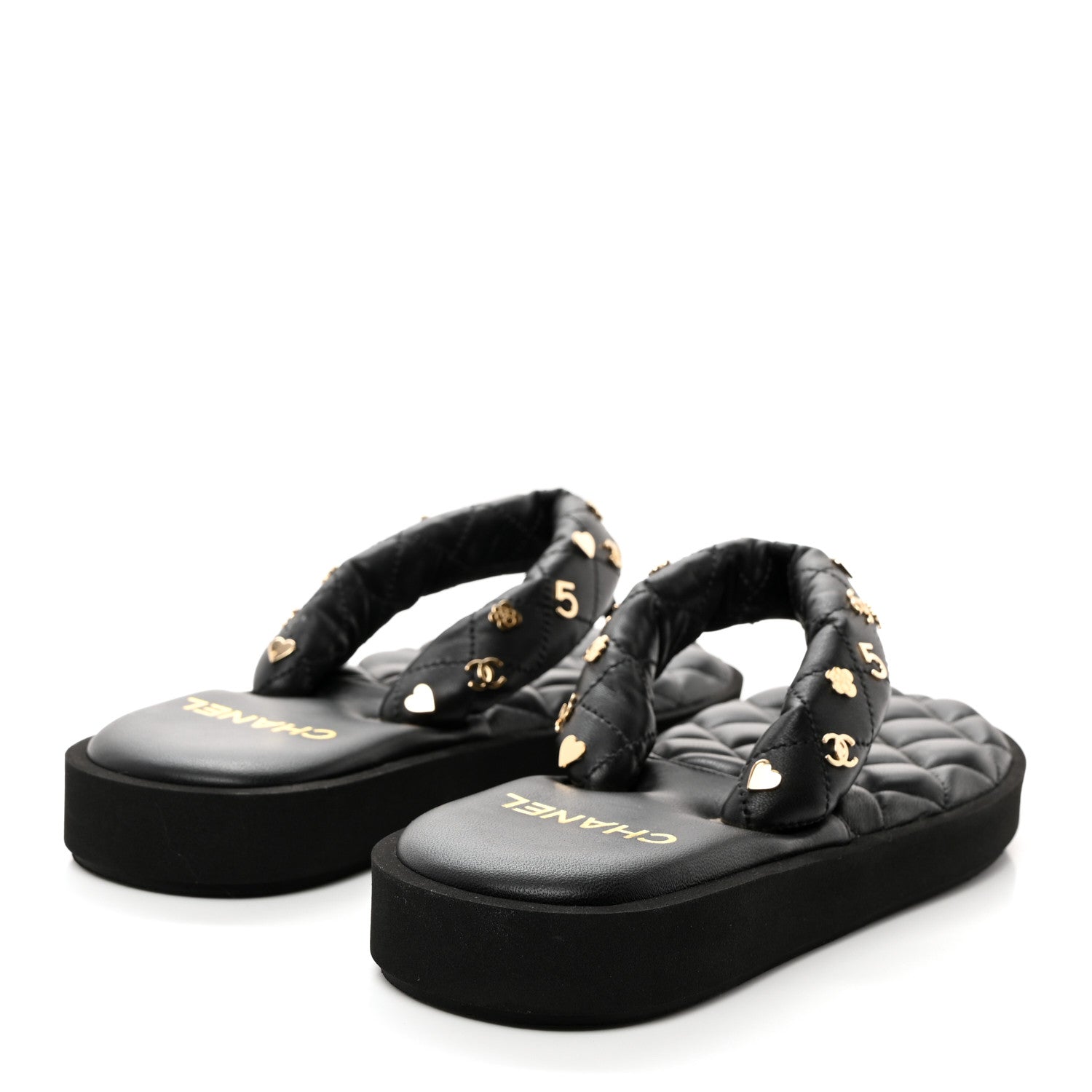 Chanel Lambskin Quilted Padded Charms Thong Sandals 37.5 Black 4 of 8