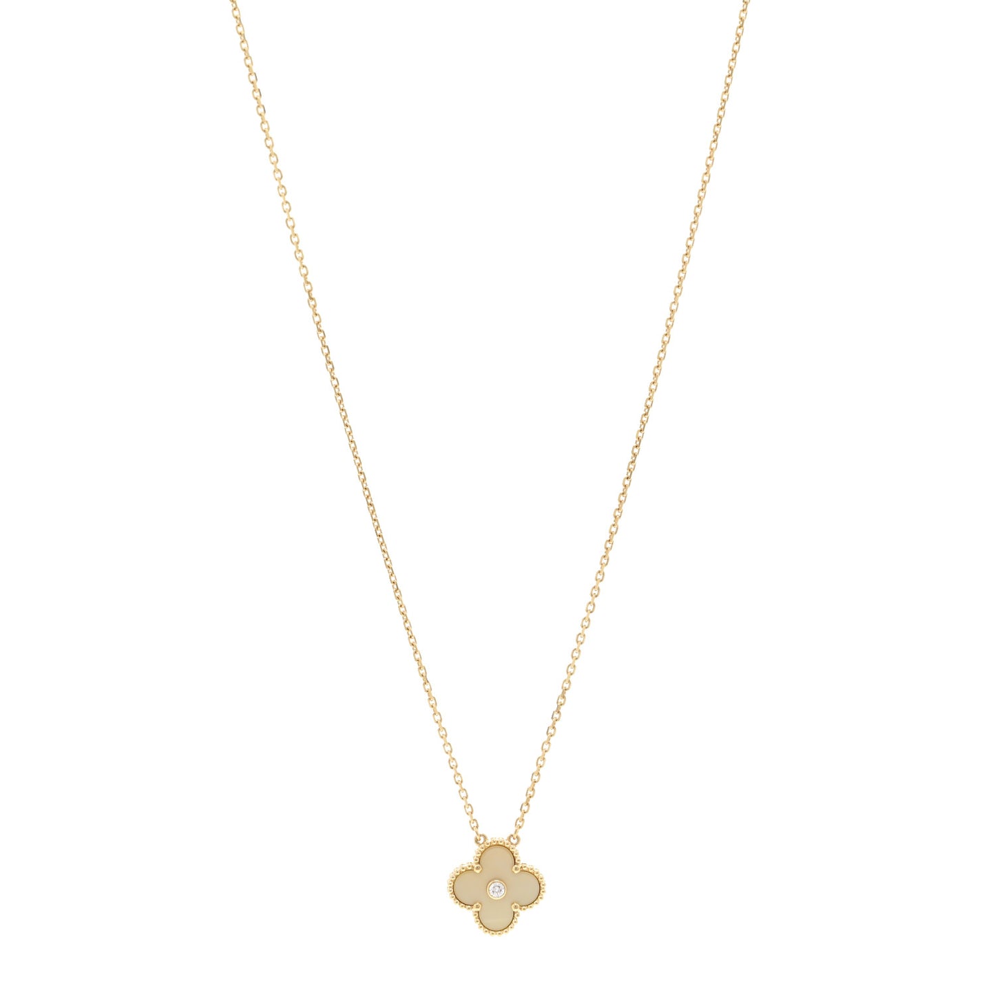 18K Yellow Gold Diamond Yellow Mother of Pearl Vintage Alhambra Pendant Necklace