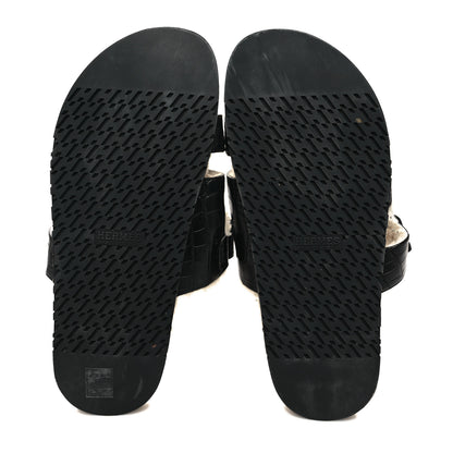 Hermes Matte Alligator Shearling Mens Chypre Sandals 43 Black Ecru 5 of 8