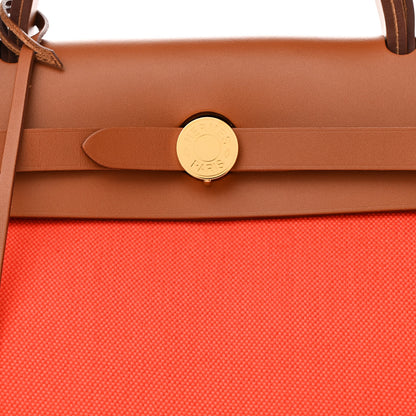 Hermes Vache Hunter Toile Herbag Zip Retourne 31 PM Orange Mecano Fauve 9 of 15