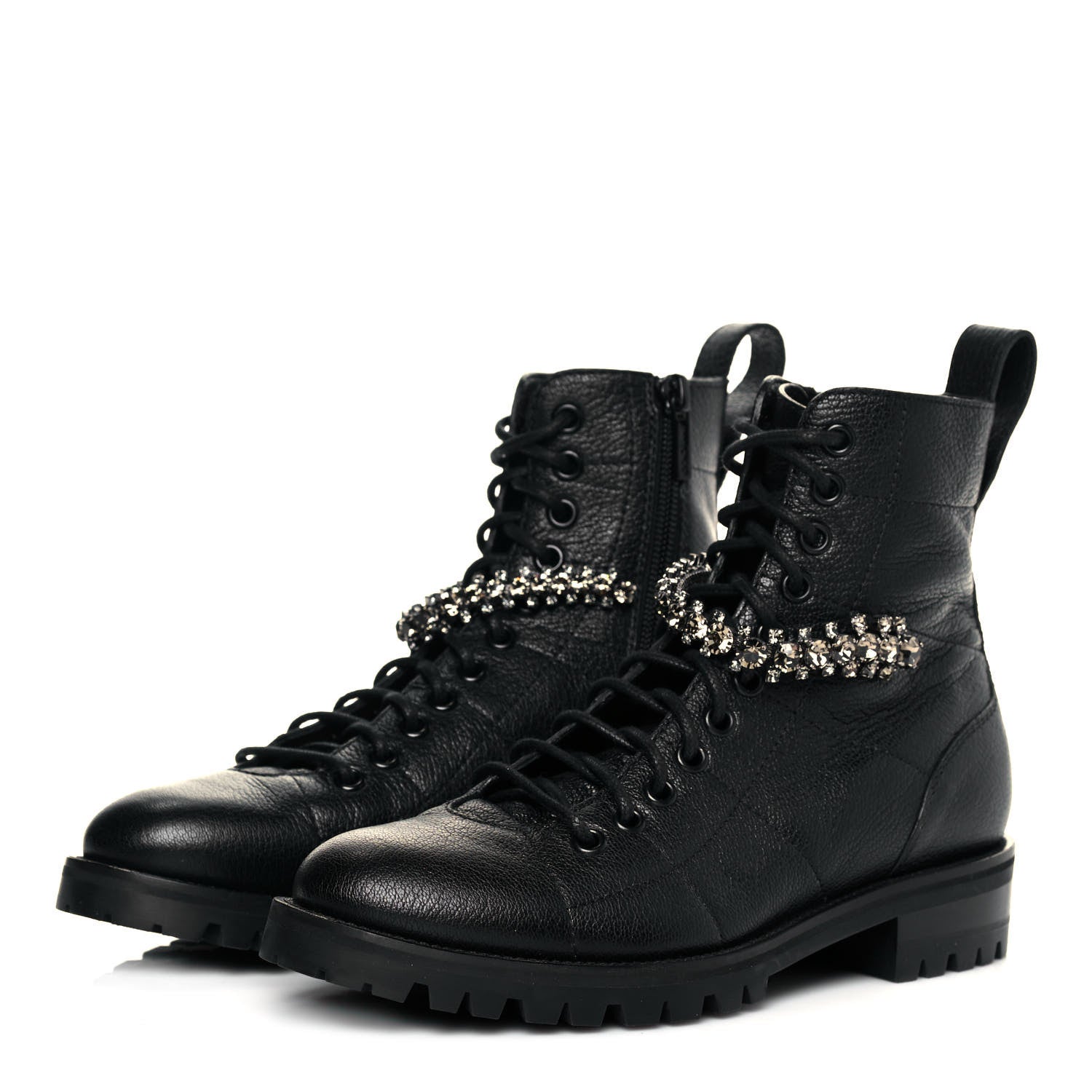 Jimmy Choo Grained Calfskin Crystal Embellished Cruz Combat Boots 35 Black 3 of 7