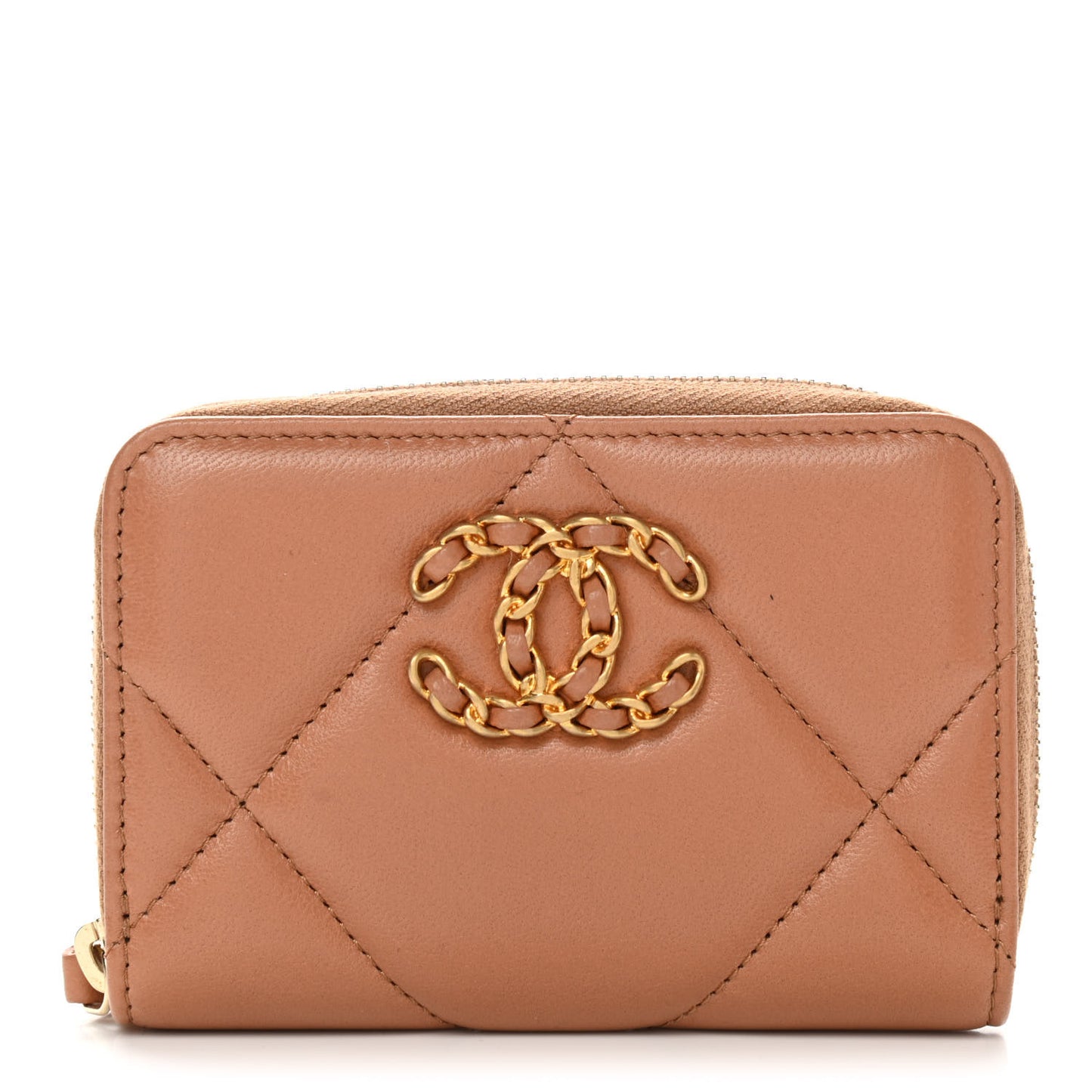 Lambskin Quilted Chanel 19 Zip Around Coin Purse Wallet Brown