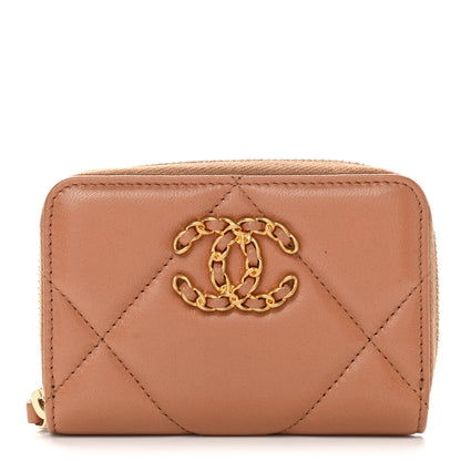 Chanel Lambskin Quilted Chanel 19 Zip Around Coin Purse Wallet Brown 1 of 8