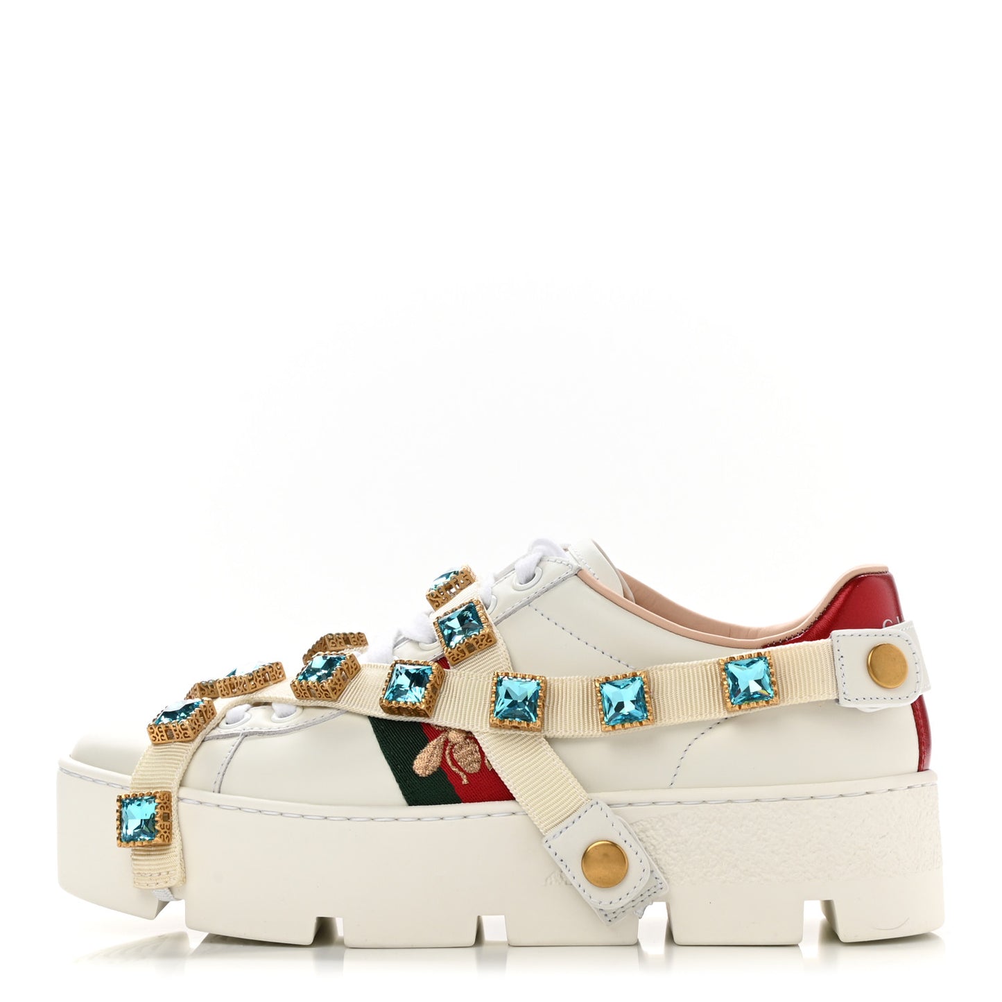 Calfskin Removable Crystals Bee Embroidered Ace Platform Sneakers 35 White