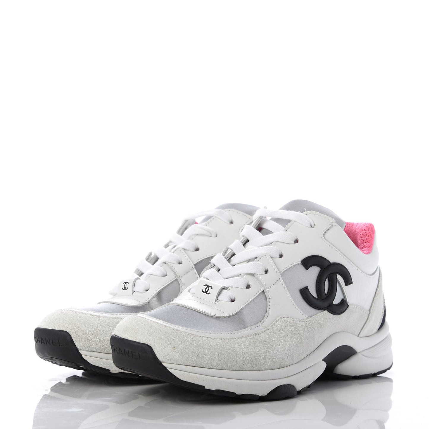Calfskin Fabric Sneakers 37 White Silver Fluo Pink