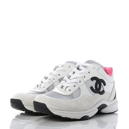 Chanel Calfskin Fabric Sneakers 37 White Silver Fluo Pink 3 of 9