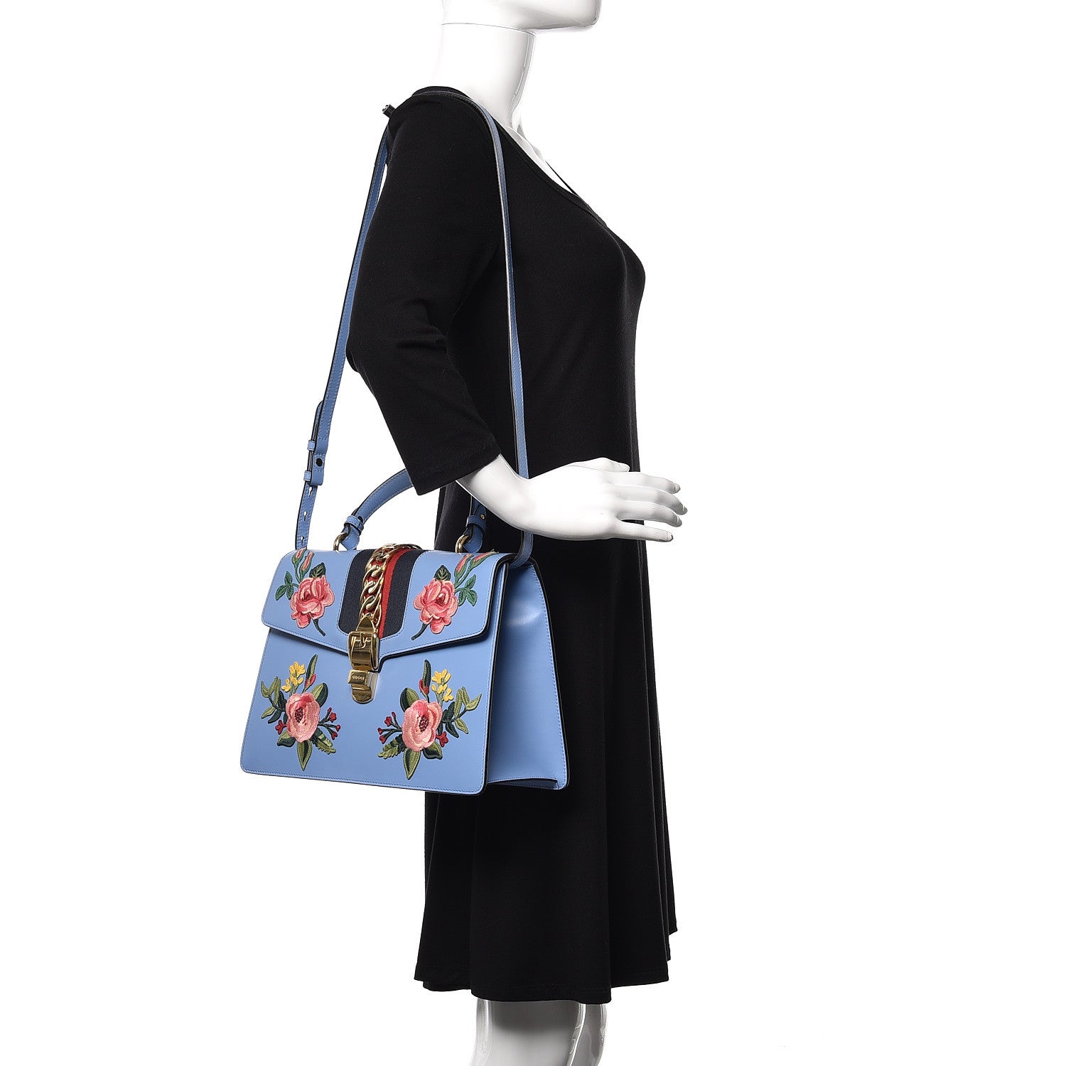 Gucci Calfskin Embroidered Medium Sylvie Top Handle Bag Clear Sky Blue 2 of 10