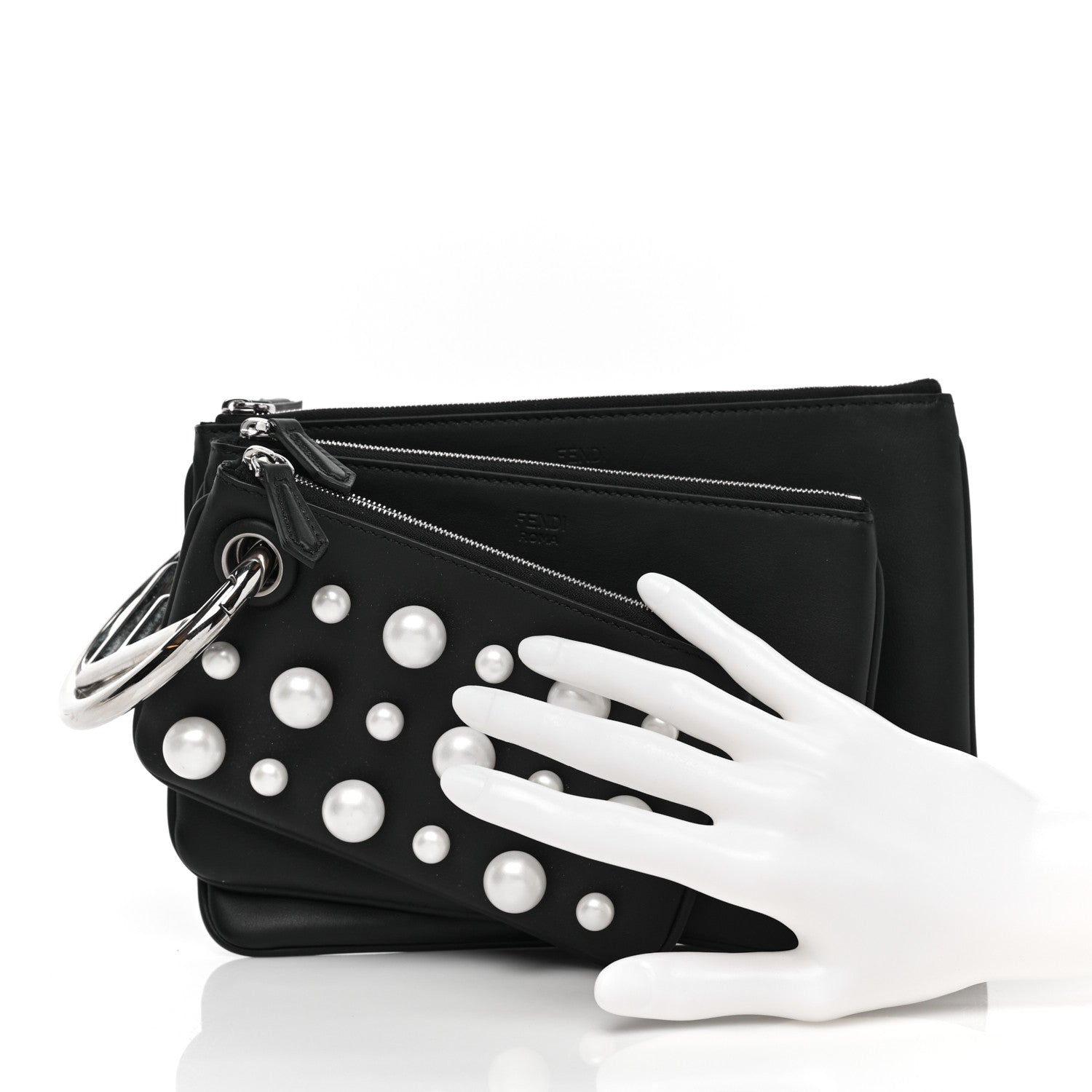 Fendi Calfskin Pearl F is Fendi Embellished Triplette Pouch Set Black 2 of 10