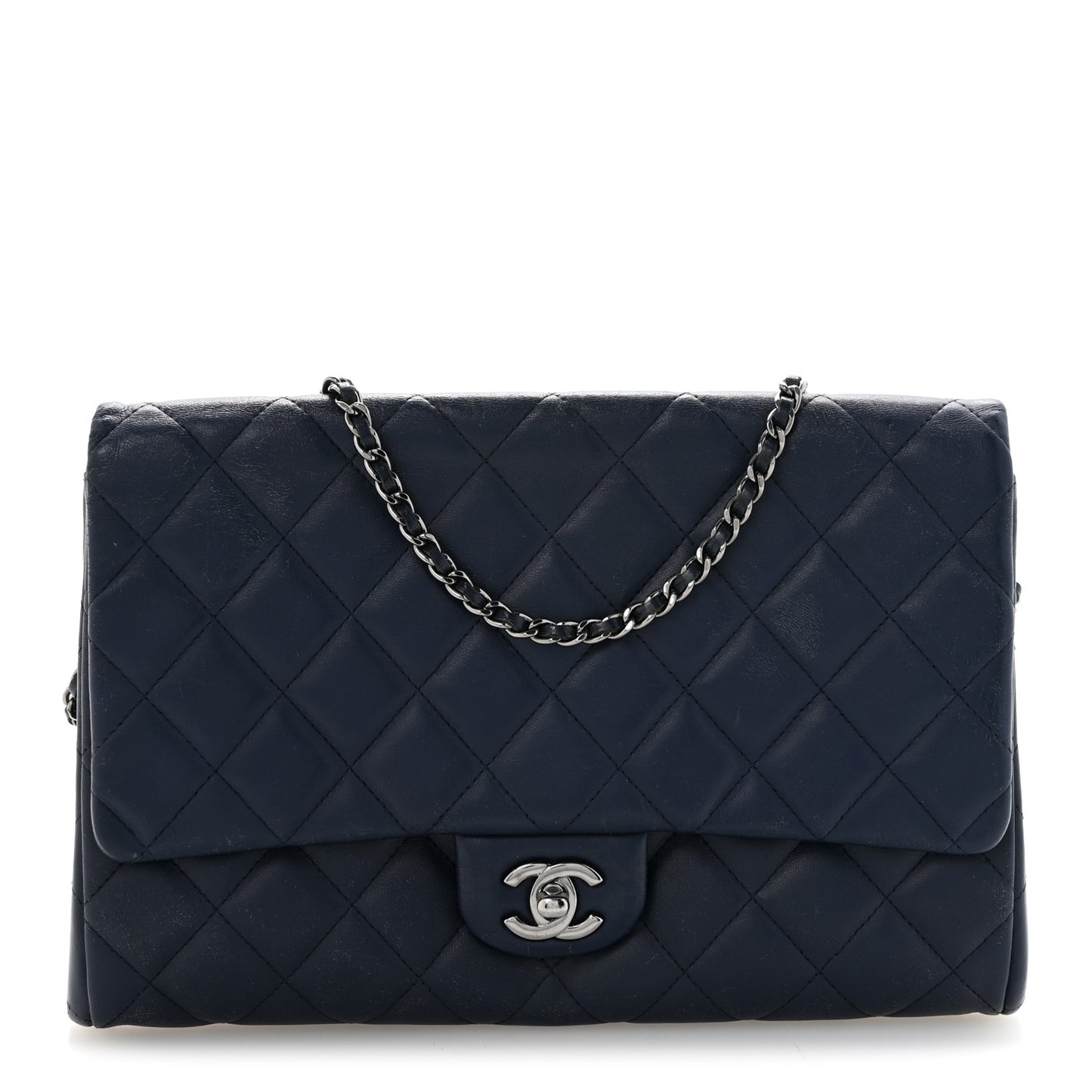 Lambskin Quilted Clutch with Chain Flap Navy