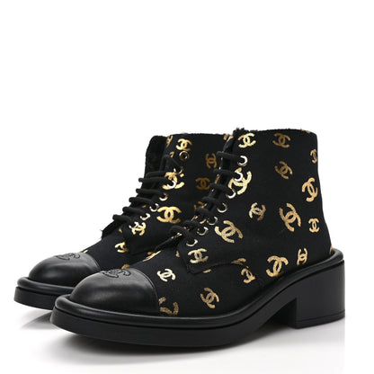 Chanel Lambskin Shearling Canvas CC Lace Up Boots 38 Black Gold 3 of 9