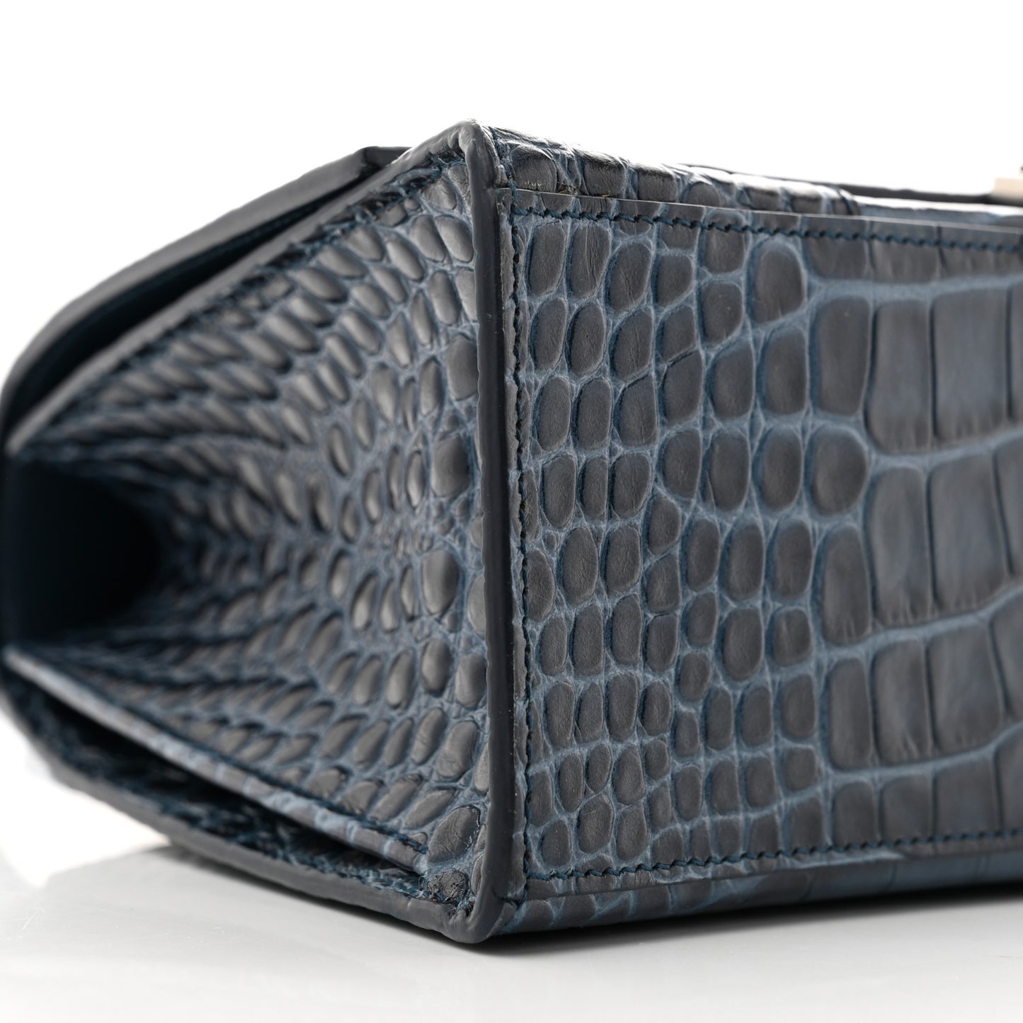 Shiny Calfskin Crocodile Embossed Medium Hourglass Top Handle Bag Denim Blue