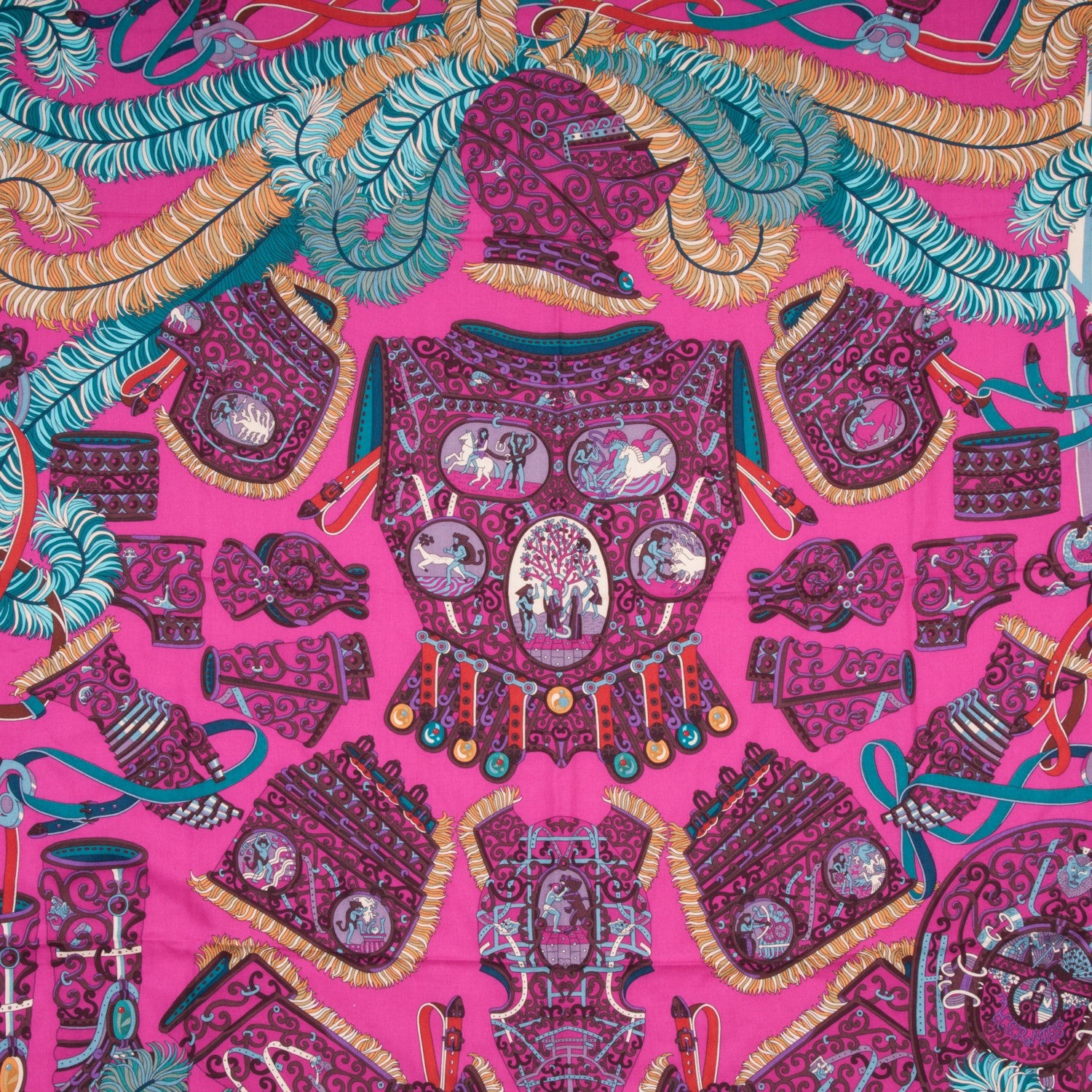 Hermes Cashmere Silk Sous L'Egide De Mars Shawl 140 Rose Vif Canard Prune 1 of 5