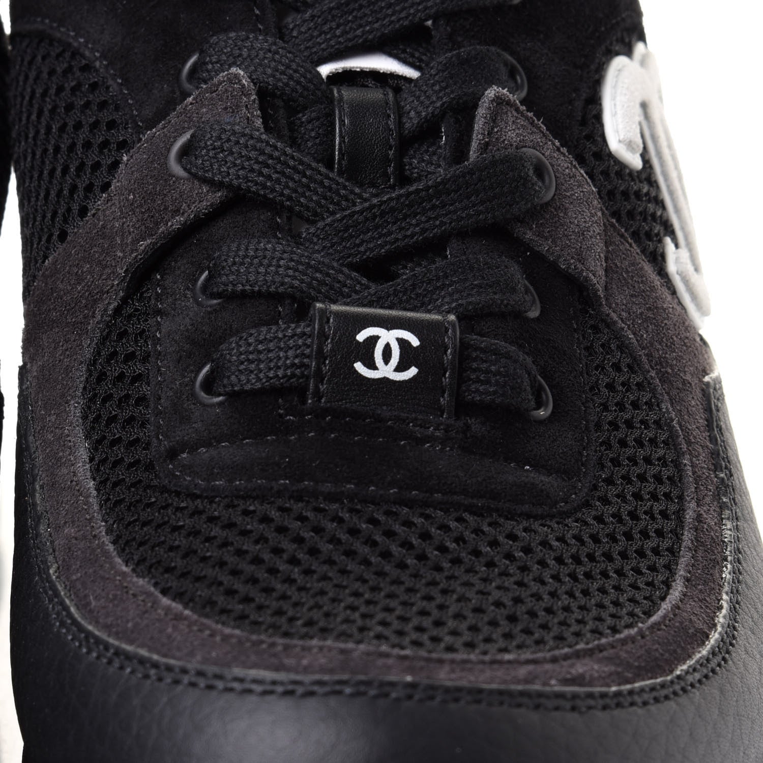 Chanel Mesh Suede Grained Calfskin Womens CC Sneakers 38 Black White 8 of 10