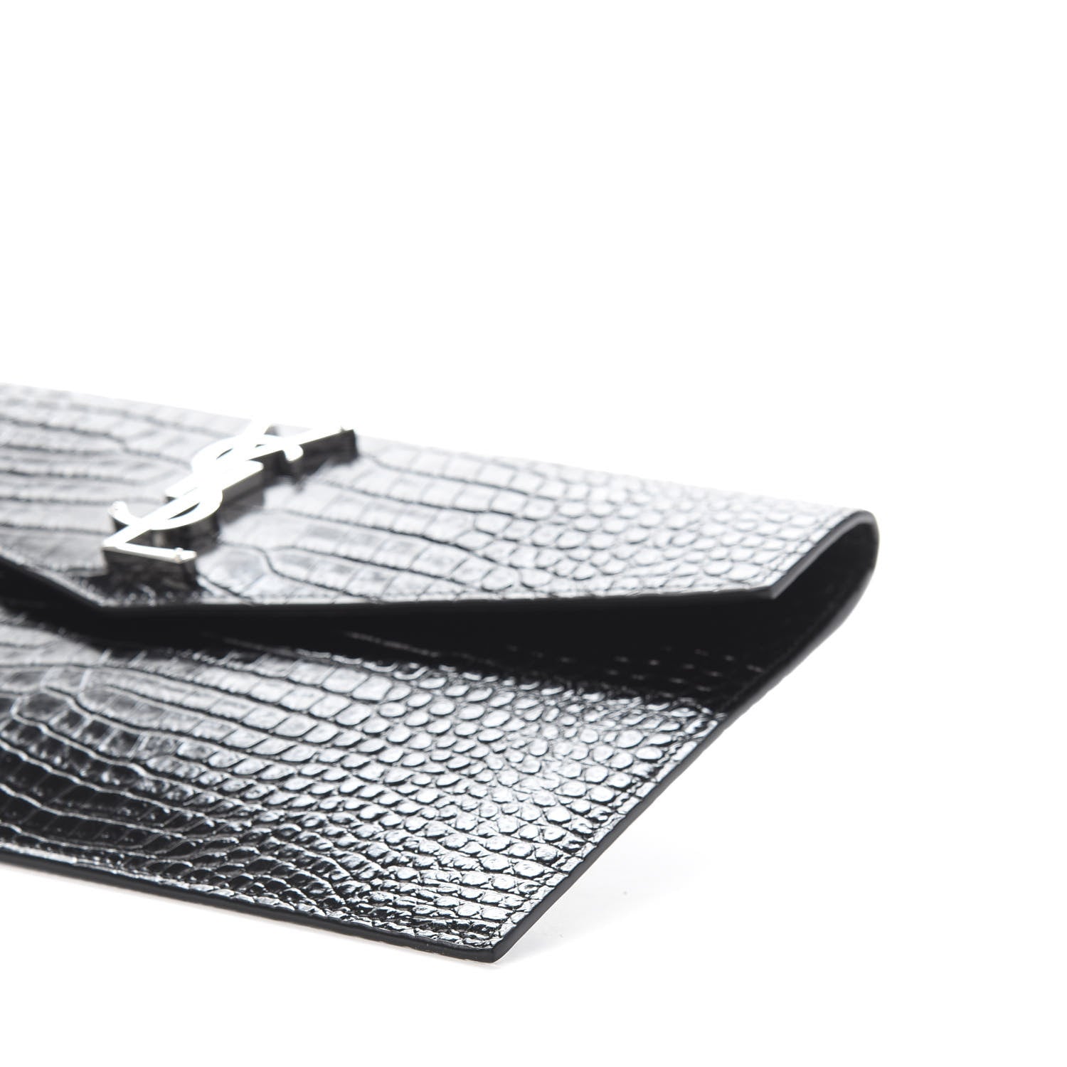 Saint Laurent Calfskin Crocodile Embossed Uptown Monogram Clutch Black 6 of 10