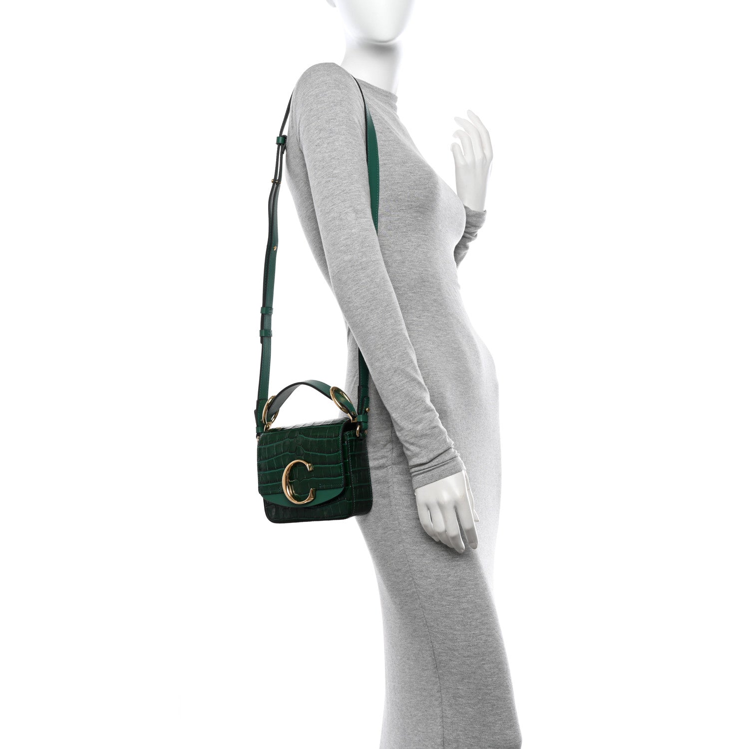 Chloe Calfskin Crocodile Embossed Mini C Double Carry Woodsy Green 2 of 10