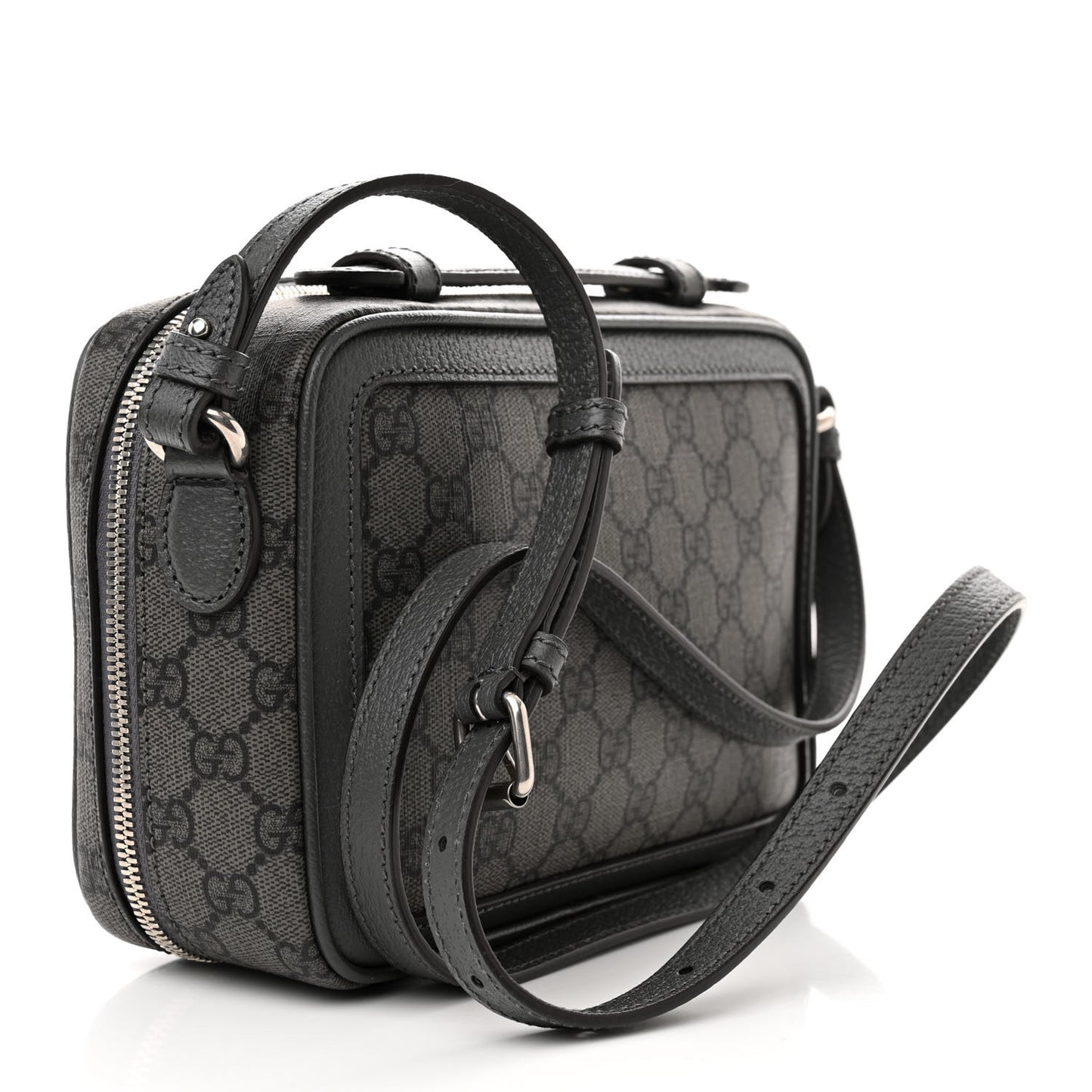GG Supreme Monogram Textured Dollar Calfskin Small Ophidia Top Handle Shoulder Grey Black Graphite Grey