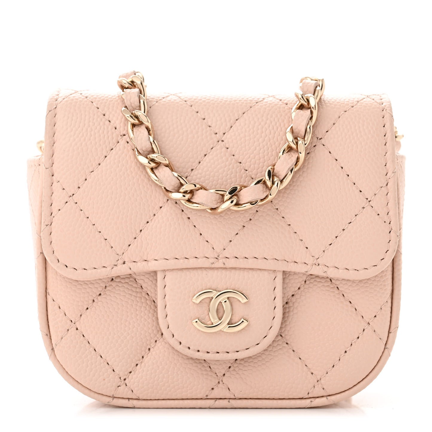 Caviar Quilted Mini Clutch With Chain Light Beige