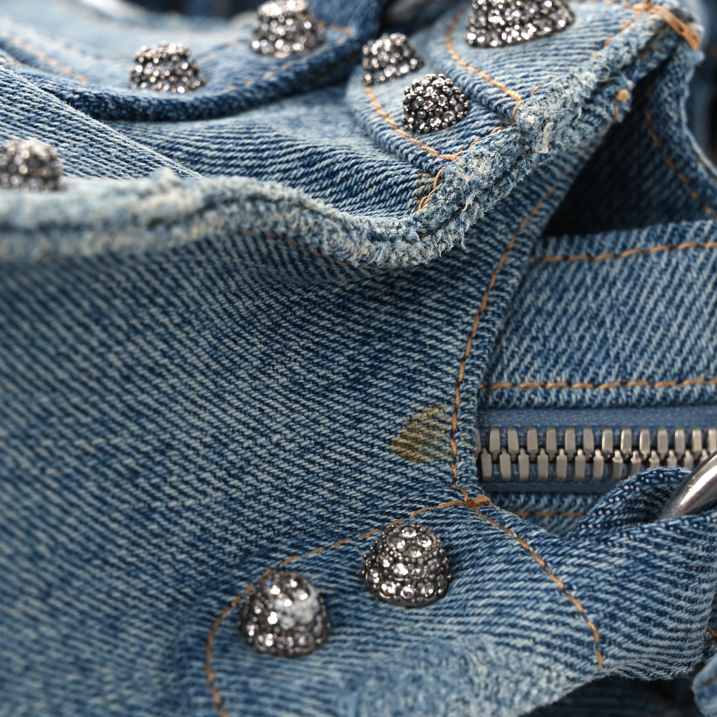 Washed Frayed Denim Crystal Neo Cagole Handbag XS Blue