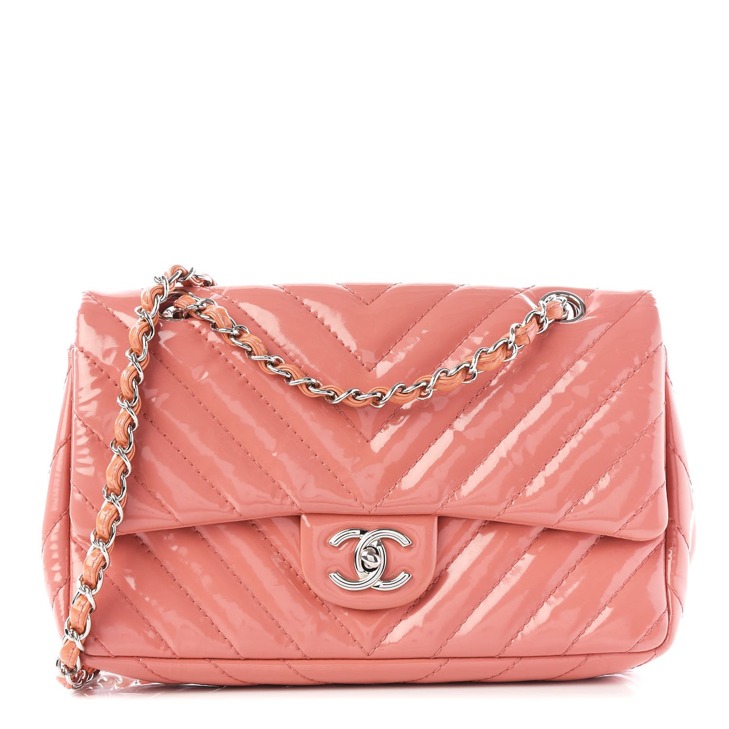 Patent Chevron Quilted Medium Single Flap Pink