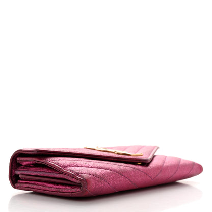 Saint Laurent Metallic Crackled Calfskin Matelasse Chevron Monogram Flap Wallet Fuchsia 4 of 13