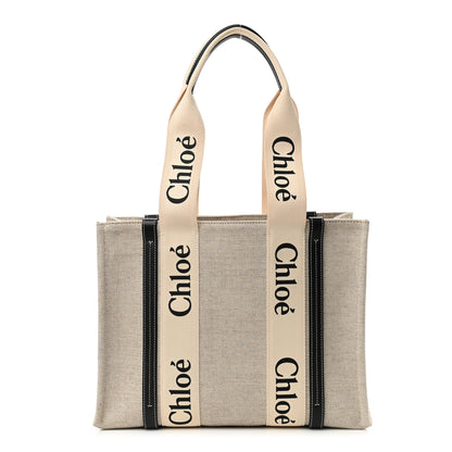 Chloe Cotton Calfskin Medium Woody Ribbon Tote White Black 1 of 9