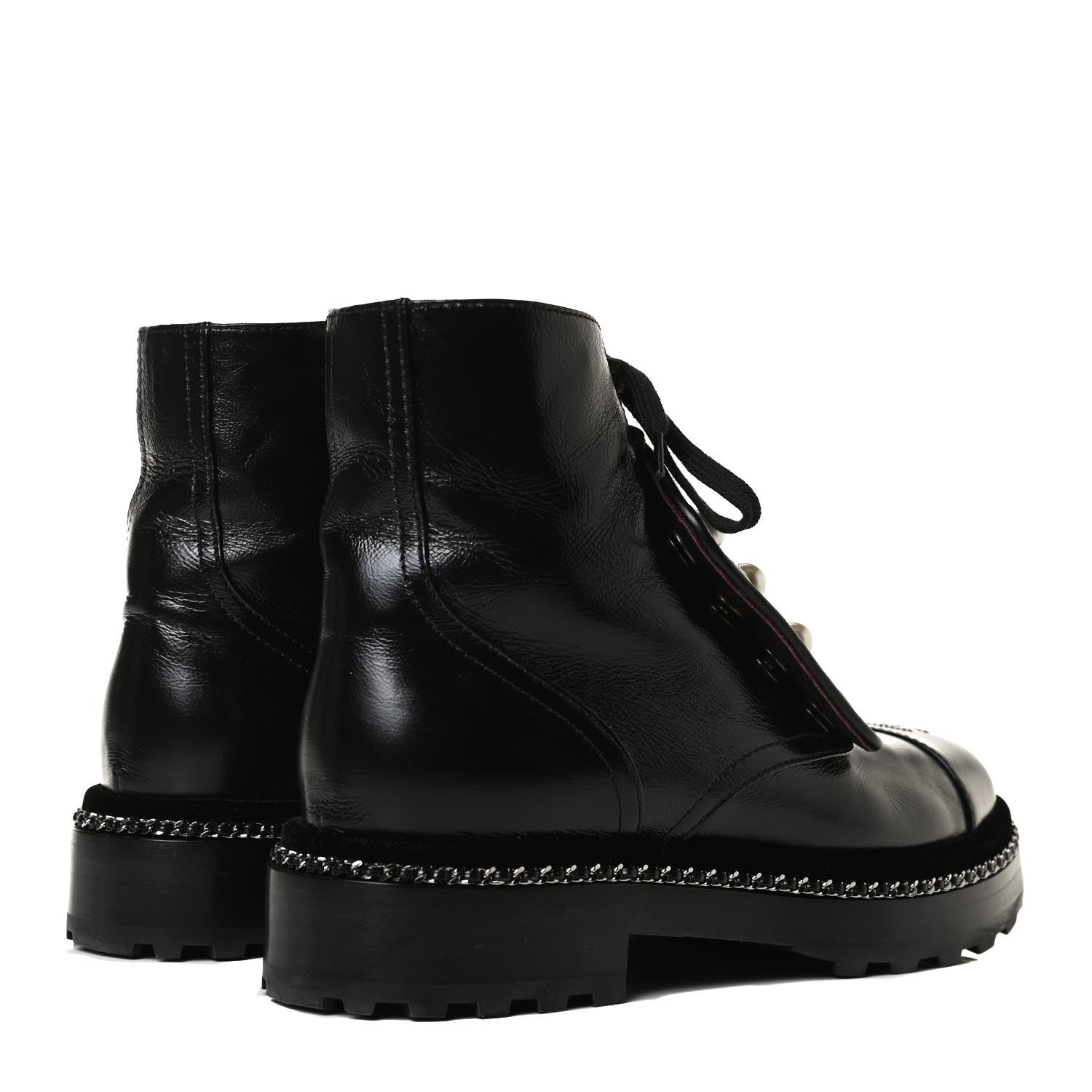 Chanel Crackled Calfskin Velvet Pearl Combat Short Boots 37.5 Black 4 of 15