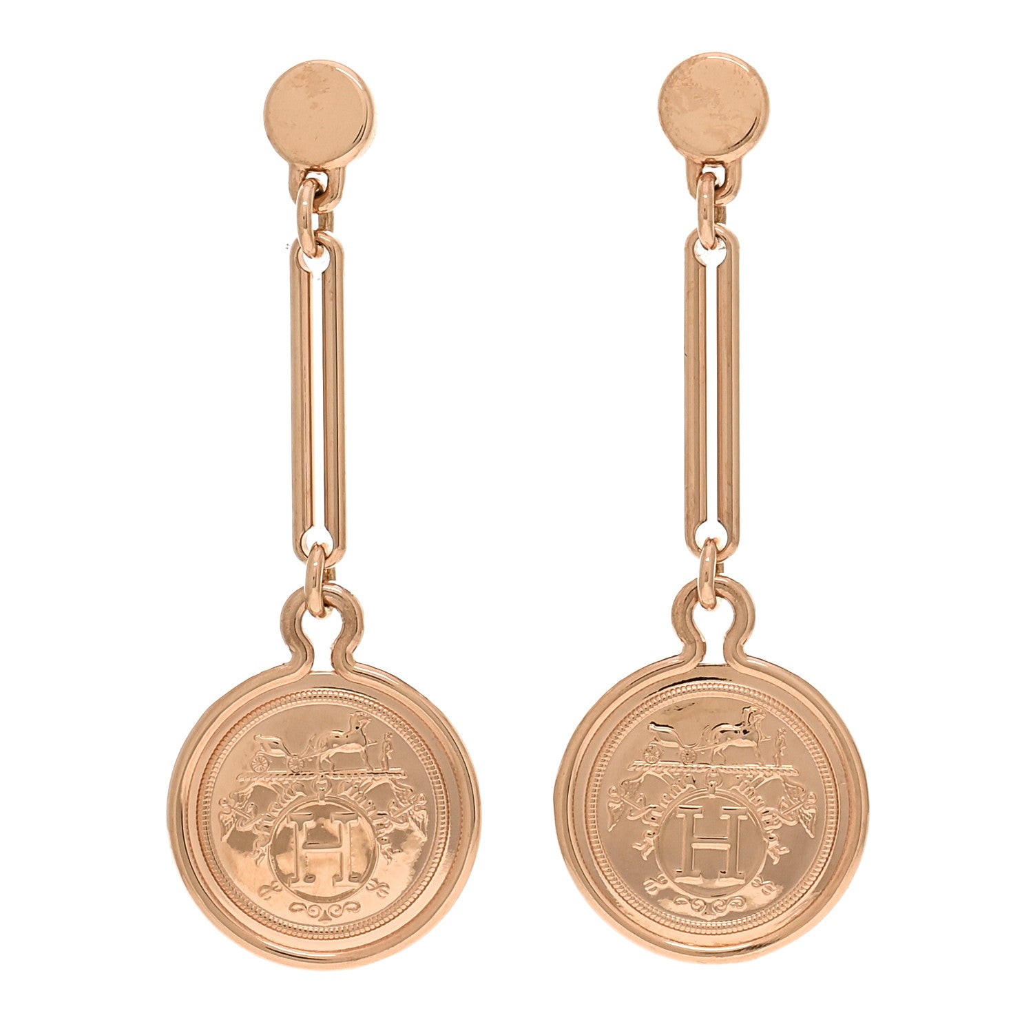 Hermes 18K Rose Gold PM Ex-Libris Drop Earrings 1 of 5