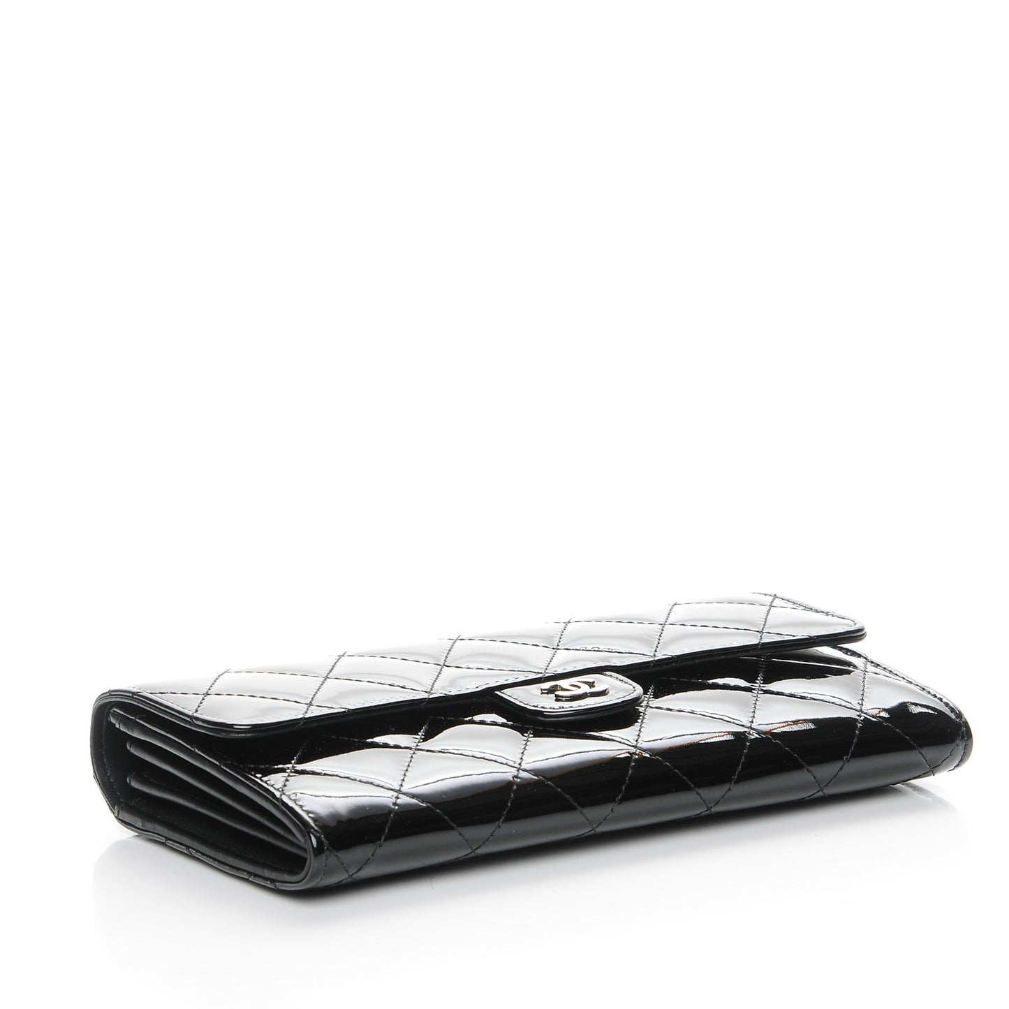Patent Calfskin Quilted Large Flap Wallet Black