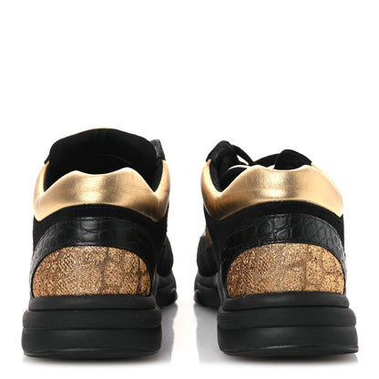 Chanel Metallic Fabric Suede Calfskin Crocodile Embossed Mens CC Sneakers 45 Black Gold 6 of 12