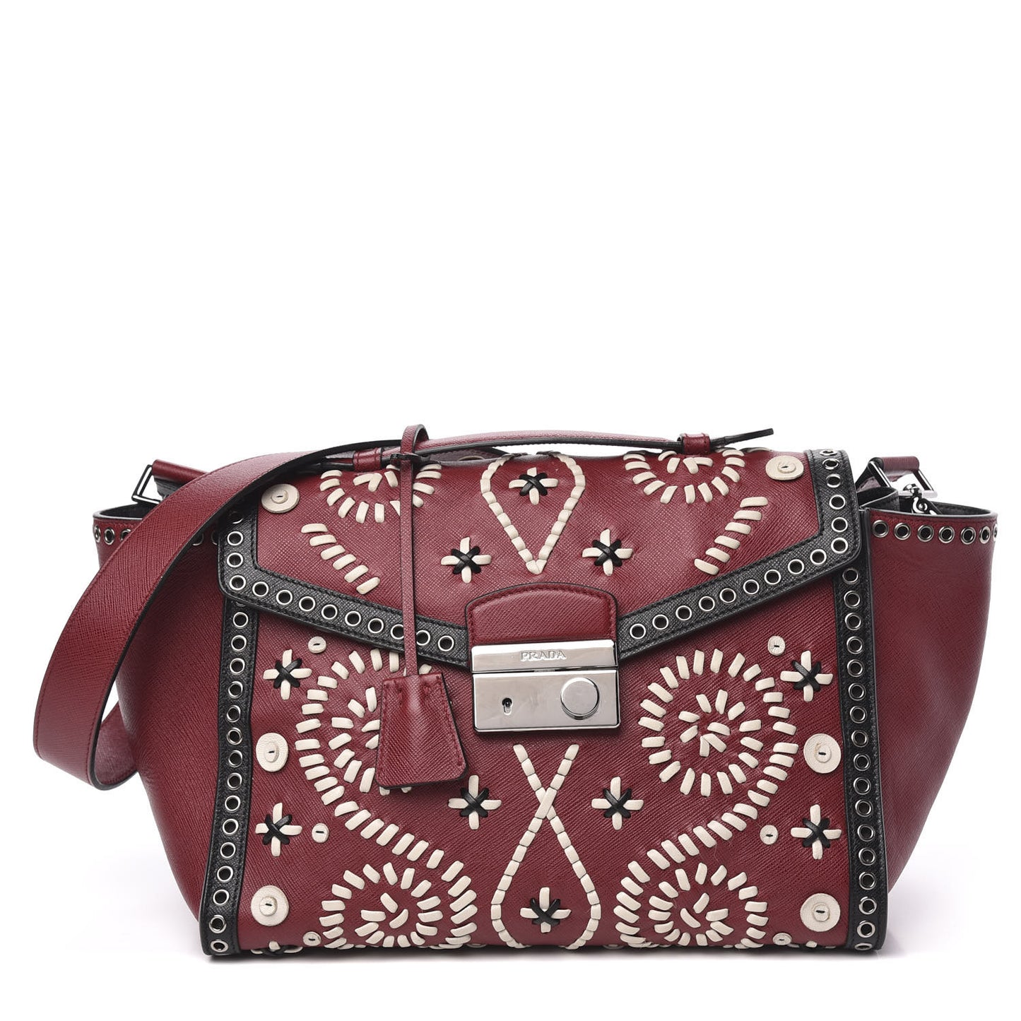 Saffiano Embroidered Sound Twin Pocket Satchel Cherry Black