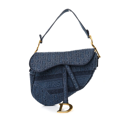 Christian Dior Oblique Embroidered Saddle Bag Denim Blue 1 of 11