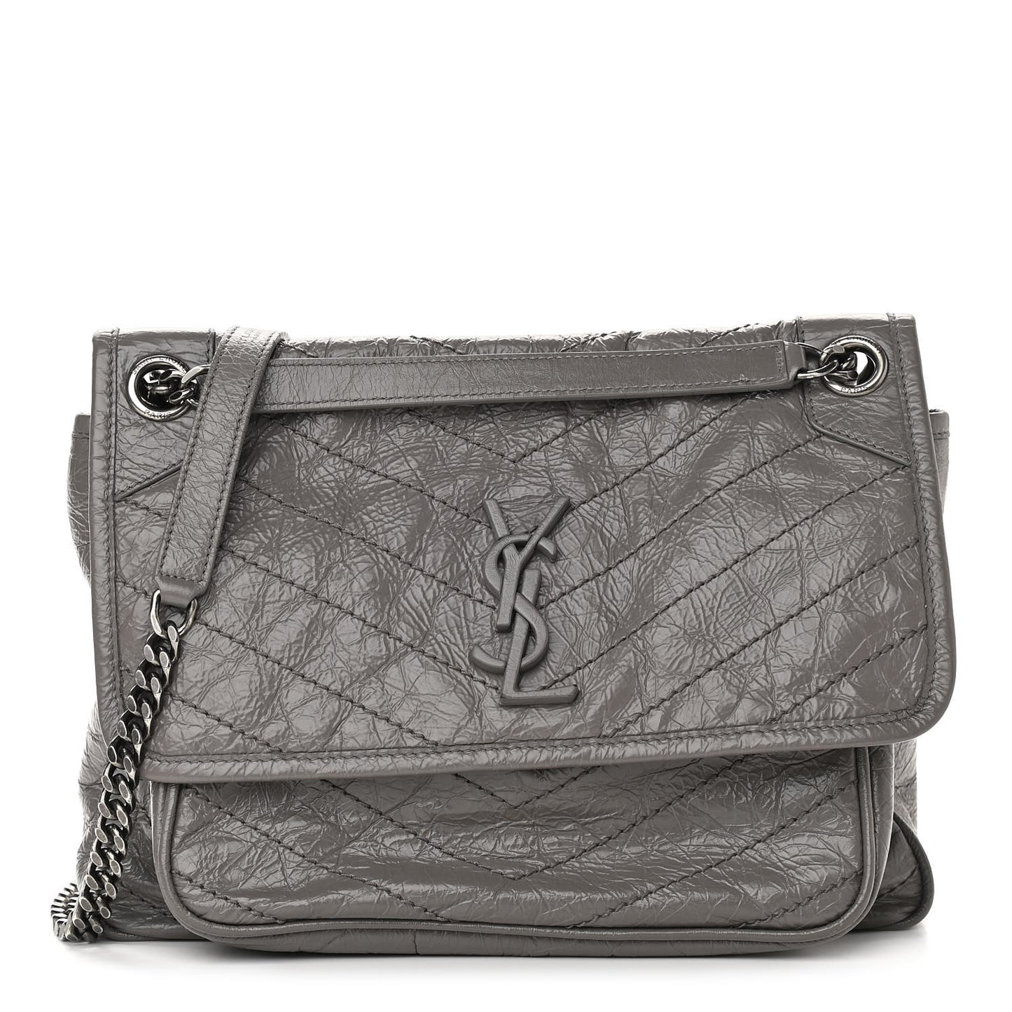 Crinkled Calfskin Matelasse Monogram Medium Niki Chain Satchel Fog