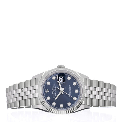 Rolex Stainless Steel 18K White Gold Diamond 36mm Oyster Perpetual Datejust Watch Bright Blue 126234 2 of 5