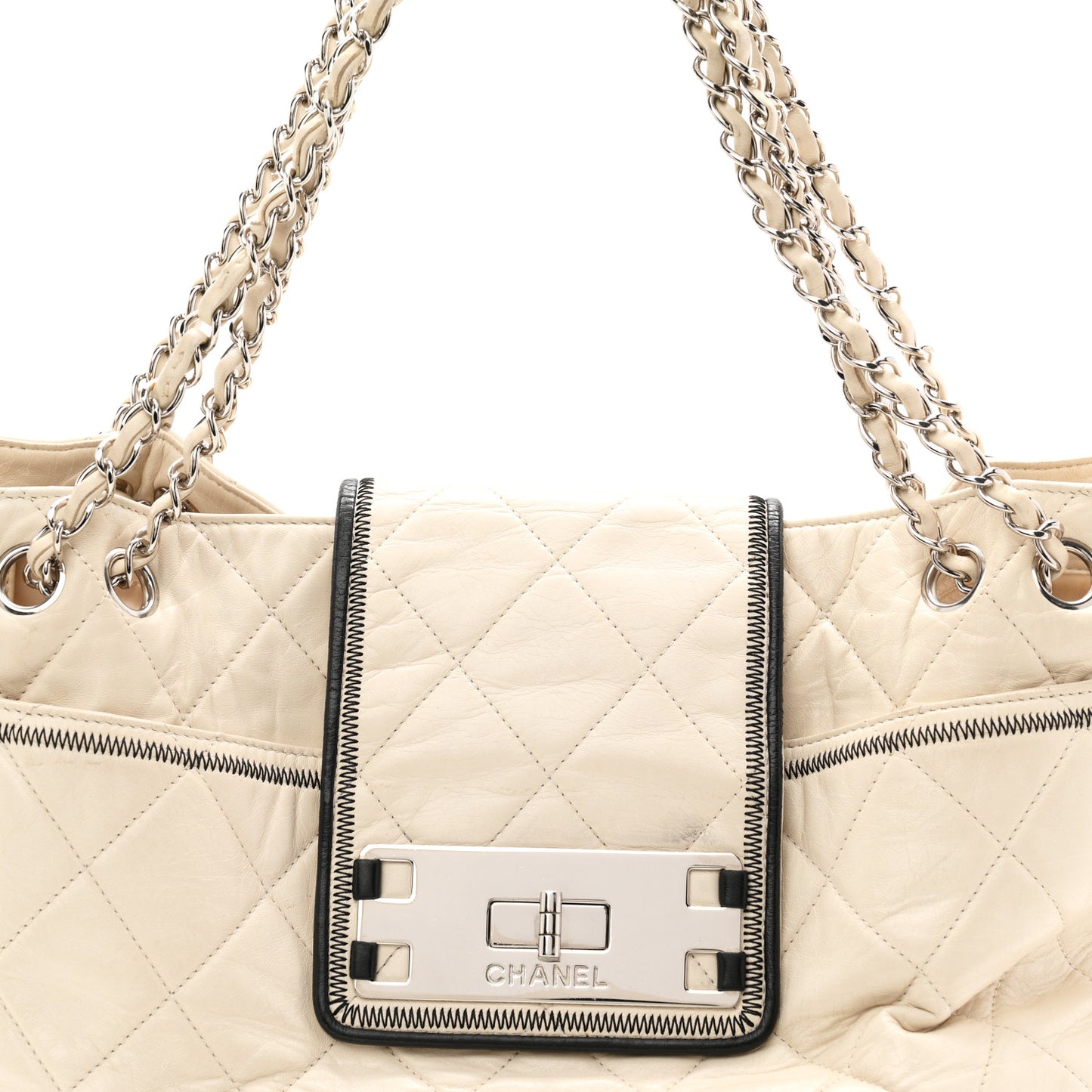 Glazed Lambskin Quilted North South XL Tote White