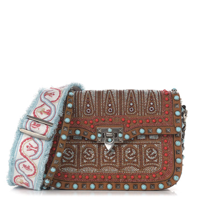 Valentino Garavani Calfskin Embroidered Medium Guitar Strap Rockstud Rolling Flap Saddle Bag Light Cuir 1 of 13