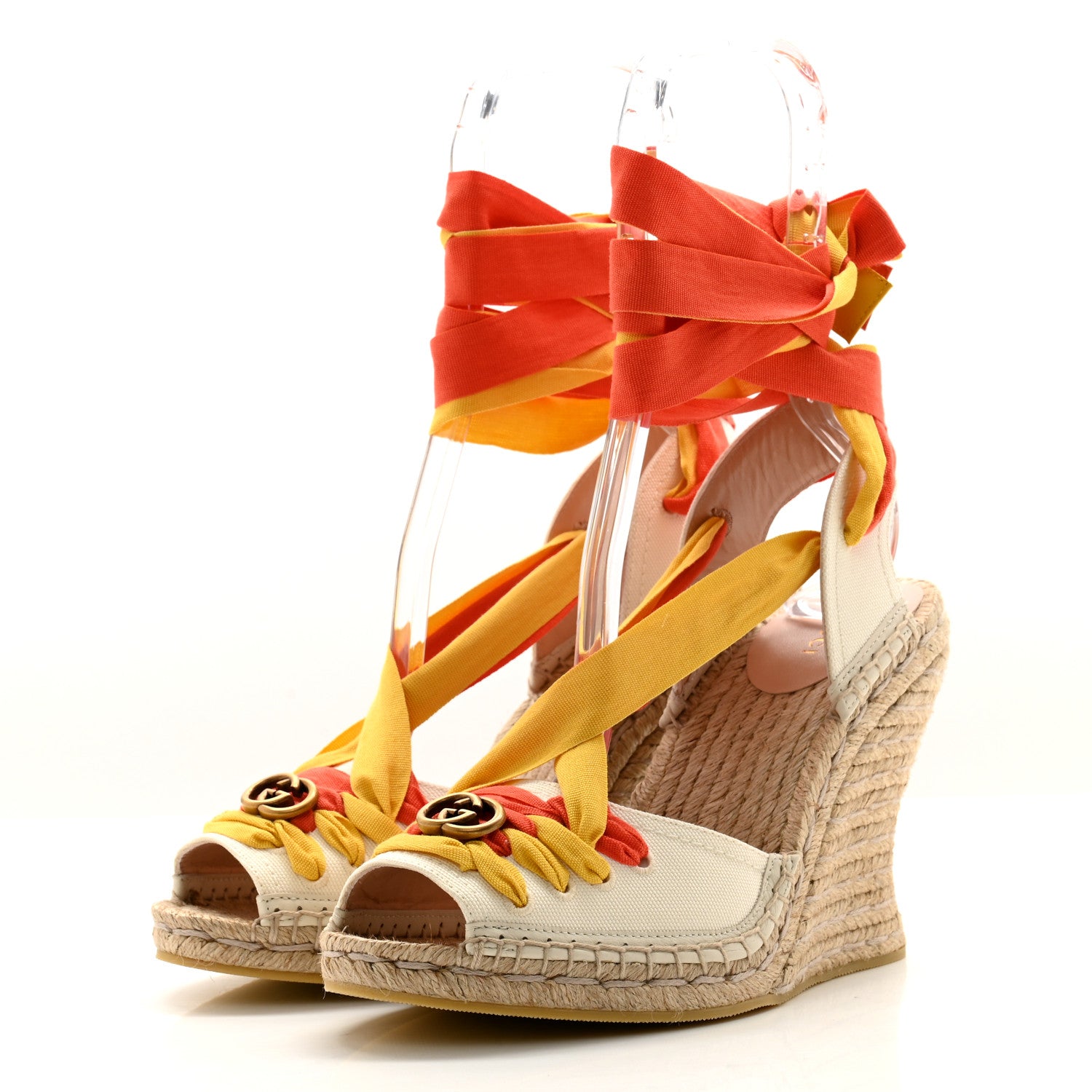 Gucci Canvas Ankle Wrap Interlocking G Platform 35/120mm Espadrille Wedges 39.5 Orange Yellow 3 of 8