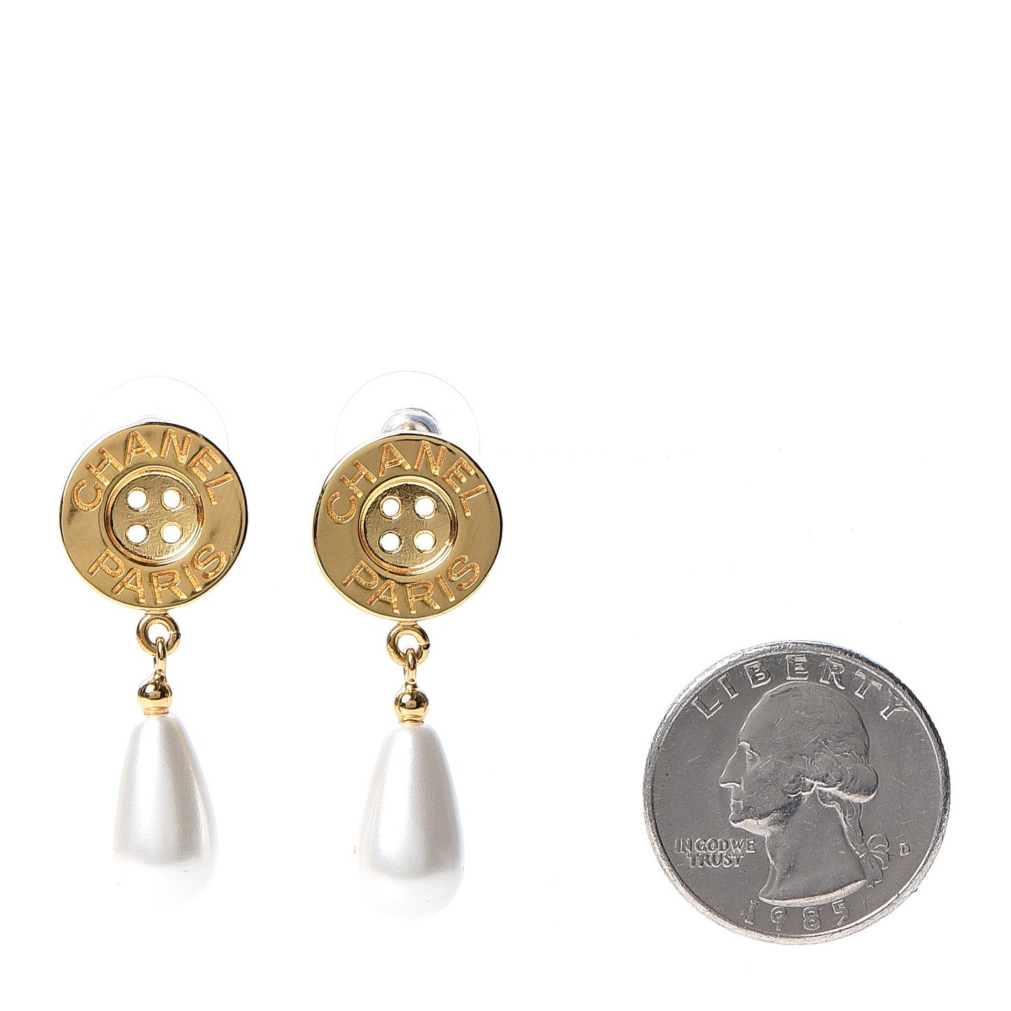 Metal Pearl Paris Button Drop Earrings Gold